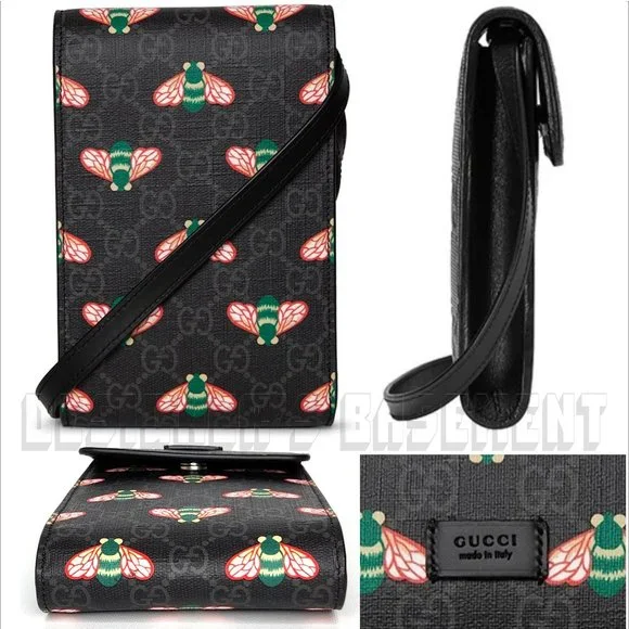 GUCCI black leather BESTIARY Bee GG Supreme black Canvas Cross Body PHONE bag 🎁 - Picture 4 of 5
